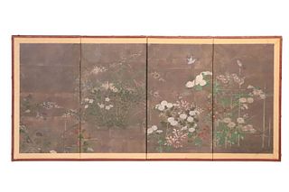 Japanese Painted Four-Panel Folding Screen