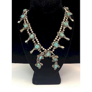 Navajo Silver and Turquoise Squash Blossom Necklace, From the Estate of Lorraine Abell (New Jersey, 1929-2015)