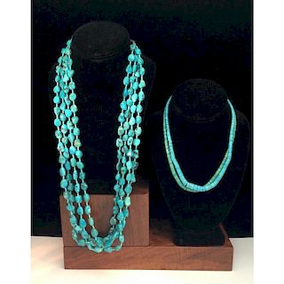 Multi-strand Turquoise and Rolled Turquoise Necklaces, From the Estate of Lorraine Abell (New Jersey, 1929-2015)