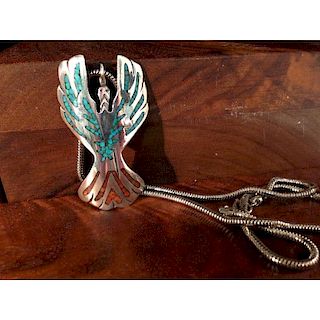 Zuni Silver Chip Inlay Peyote Bird Pendant From the Estate of Lorraine Abell (New Jersey, 1929-2015)