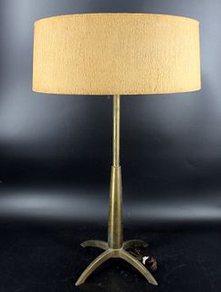 Midcentury Brass & Wood Tripod Table Lamp.