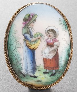 9K Yellow Gold Hand-Painted Porcelain Brooch/Pin