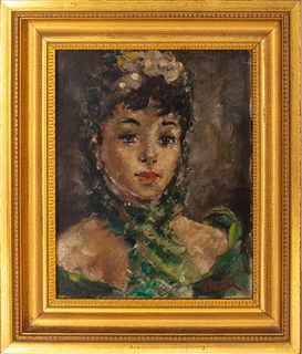 Illegibly Signed Mid-Century Portrait Oil on Board