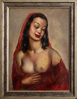 F. Diaz Diaz Attr. 'Lady in Red' Oil on Canvas