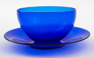Carder Steuben Flemish Blue Finger Bowl & Plate