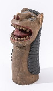 Indian FolkArt Lion Head Polychrome Wood Sculpture