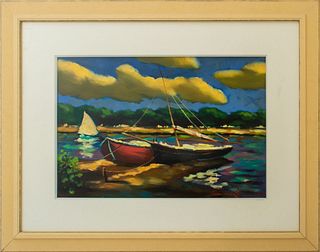 Illegibly Signed Fishing Boats Oil on Paper