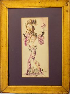 Illegibly Signed Art Deco Lithograph w/ Gouache