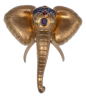 Paula Crevoshay 18k Yellow Gold, Gemstone and Diamond Elephant Pendant / Brooch