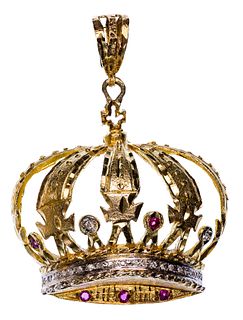 14k Yellow Gold, Ruby and Diamond Crown Pendant