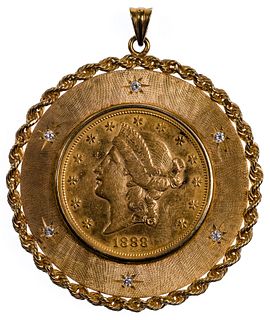1888-S $20 Liberty Head Gold Coin in 14k Yellow Gold and Diamond Pendant
