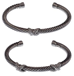 David Yurman Sterling Silver, Gold and Diamond 'Torque' Cuff Bracelets