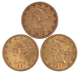 1882, 1901 & 1905-S $10 Gold VF-XF