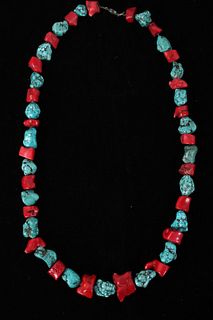 Antique Navajo Turquoise Red Branch Coral Necklace
