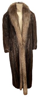Full Length Vintage Long Haired Beaver Fur Coat w/ Head Warmer