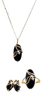 14K Gold, Onyx and Diamond Necklace, Ring & Earrings 