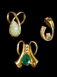 14K Gold Diamond & Green Gemstones Necklace Pendants, 3 
