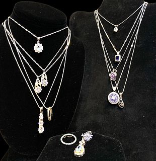 Mostly Sterling Silver Diamond and Gemstone Pendant Necklaces, 14K Gold 