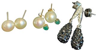 Swarovski Crystal and Some Pearl Sets of Earrings, Sterling Silver & 14K Gold 