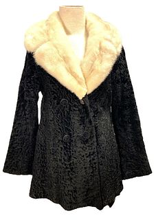 1950s Astrakhan Lamb and White Mink Collar Fur Coat 