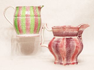 (2) Two-color rainbow spatterware jugs