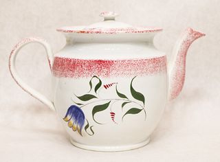 Red spatterware two-color tulip pattern tea pot