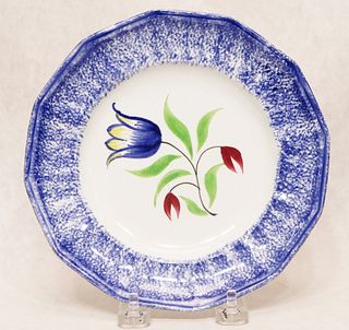 Blue spatterware two-color tulip pattern plate