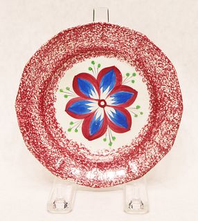 Red spatterware dahlia pattern toddy plate