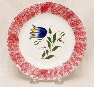 Red spatterware two-color tulip pattern plate