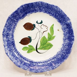 Blue spatterware acorn pattern plate