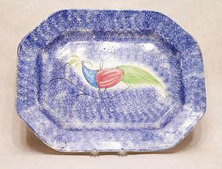 Blue spatterware peafowl platter