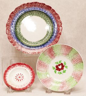 (2) Spatterware plates + rainbow spatterware saucer
