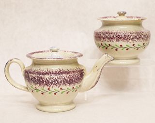 Purple spatterware holly pattern child's tea pot and sugar bowl