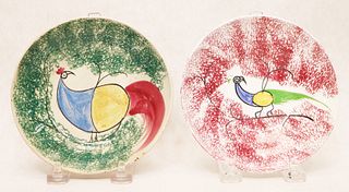 (2) Spatterware peafowl pattern saucers