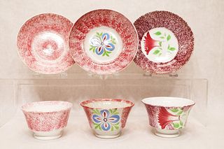 (3) Red spatterware cups and saucers