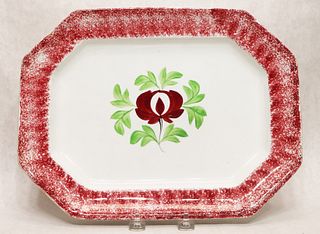 Red spatterware adam's rose pattern platter