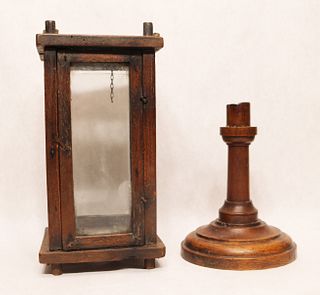 Treenware candleholder and wooden framed lantern