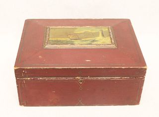 American paint-decorated sewing box with lighthouse scene