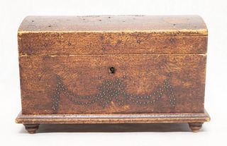 Folk art tea caddy with incised and tacked decoration, dated 1909