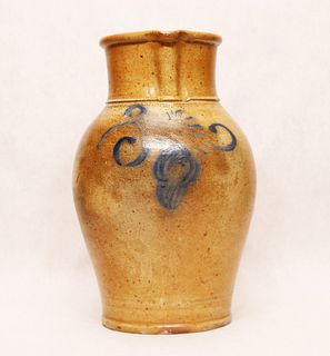 Blue-decorated stoneware 1.5 gallon pitcher crock