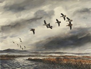 David A. Hagerbaumer (1921-2014), Black Ducks and Mallards Over Marsh