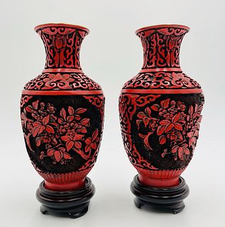 Pair of Chinese Carved Brass, Floral Vases Red & Black