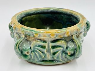 Vintage Majolica Pottery Lucky Trunk Up -5- Elephants Bowl, Signed