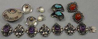Ten piece silver lot with four pairs of earrings, one bracelet, and one pin.