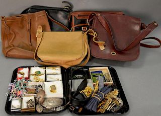 Group lot to include five leather purses, four are Coach, and two box lots with costume jewelry.