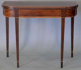 Custom mahogany D shaped game table. ht. 30in., wd. 36in., dp. 17 1/2in.