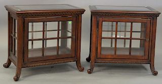 Pair of Contemporary glass top curio end tables, each with glass shelf. ht. 26in., top: 18" x 27"