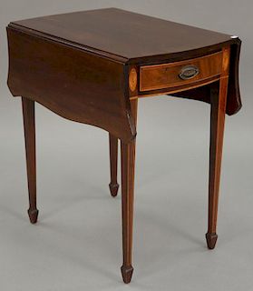Margolis mahogany inlaid Pembroke table with drop leaves and line inlay. ht. 27in., top: 17" x 24"