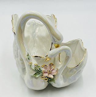 Rare Antique Italian Double Swan Ornate Floral Planter
