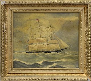 Oil on panel "A Sail in Winter Santiago de Chile to Valparaiso 1962" with American flag, signed lower right J. Erickson?, 11"